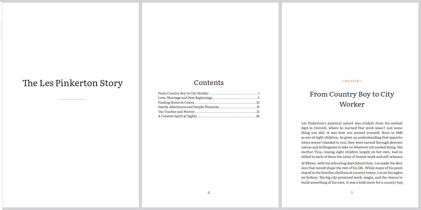 The Les Pinkerton Story — title page, table of contents with six chapters, and the opening of Chapter 1, rendered in Kinbook&rsquo;s Linen Folio aesthetic